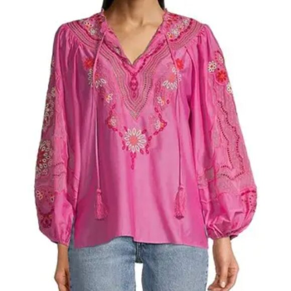 KOBI HALPERIN Blythe Embroidered Peasant Blouse - French Pink - Picture 2 of 10